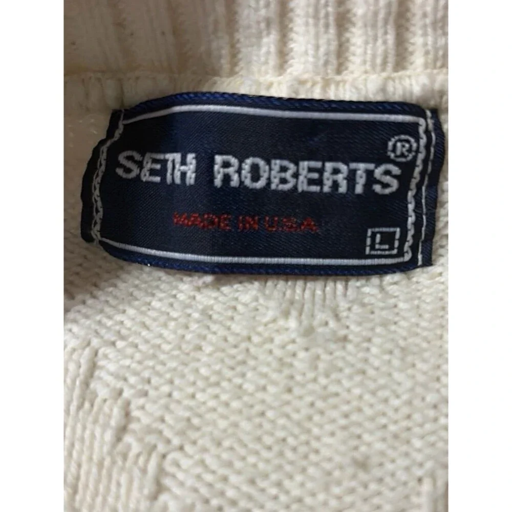 Vintage Seth Roberts USA 100% Cotton Textured V-Neck Sweater Cream Red Trim Men